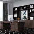 Dark Wooden Executive Office Desk With iMac Globe Bookshelf Potted Plant And Chinese Landscape Painting