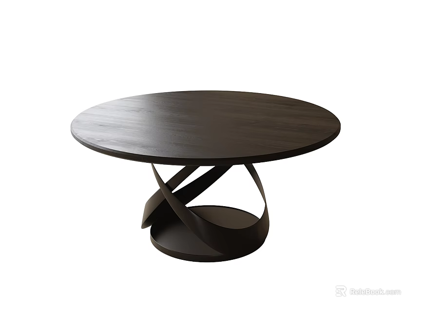 Modern Round Dark Wooden Dining Table With Intertwined Metal Base Design 3d model 