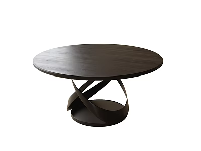 Modern Round Dark Wooden Dining Table With Intertwined Metal Base Design 3d model