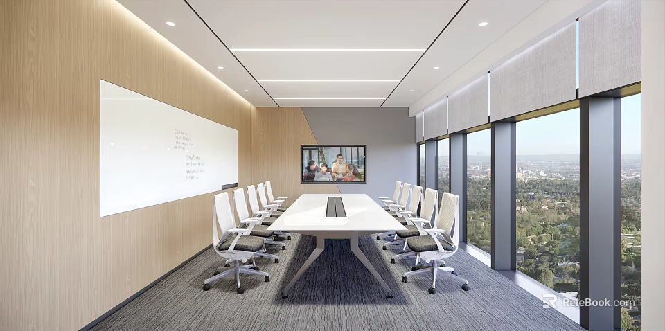 Modern Conference Room With Long Meeting Table White Chairs Whiteboard Large Screen And City View 3d model 