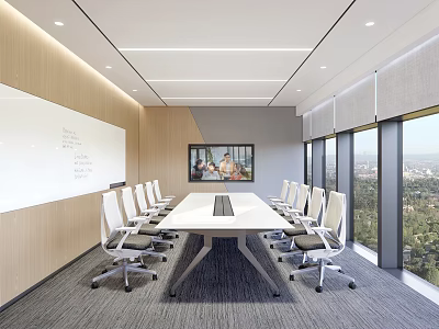 Modern Conference Room With Long Meeting Table White Chairs Whiteboard Large Screen And City View 3d model