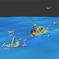 Game Movie Character Fishing On Small Boat In Blue Water With Seagulls And Shark Fin