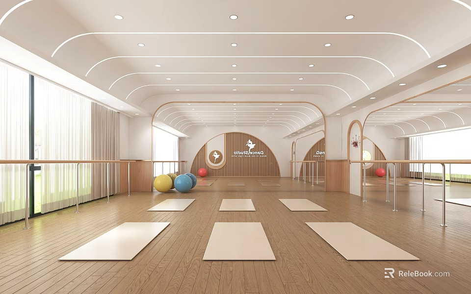 FitnessLab Bright Indoor Yoga Workout Space With Wooden Floor Yoga Mats And Colorful Fitness Balls 3d model 