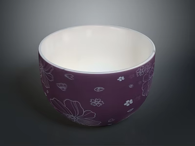 Purple Ceramic Bowl With White Floral And Leaf Carvings On Exterior 3d model
