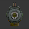 Cylindrical Industrial Equipment With Red Top Door Blue Display Yellow Black Warning Stripes And Wheels