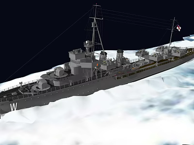 Large Gray Warship With Tall Mast And Naval Guns In Snowy Icy Sea 3d model