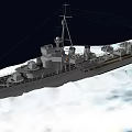 Large Gray Warship With Tall Mast And Naval Guns In Snowy Icy Sea