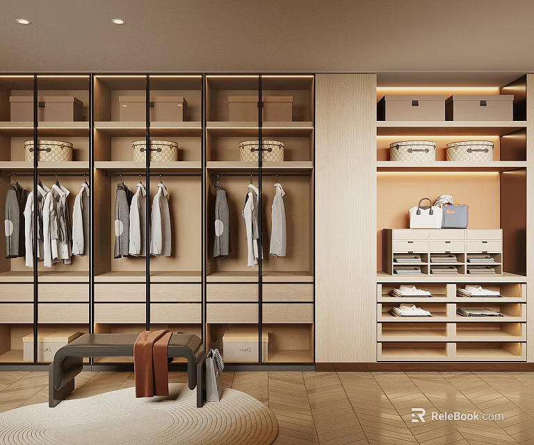 Modern Walk in Closet Design with Hanging Clothes Cabinets Baskets and Drawers 3d model 