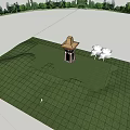 Traditional Landscape Pavilion With Brown Roof In Green Grassland Surrounded By Trees