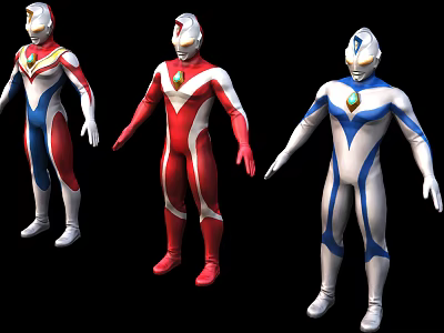Three Ultraman Heroic Characters As Fictional Beings In Distinct Red White Blue Suits 3d model