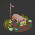 Miniature Scene Featuring Blue White Van Lamp Post Green Plants Stone Path Red Brick Ground