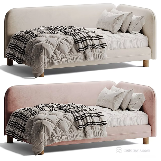 Stylish Modern Sofa Bed With Plaid Blanket Soft Pillows And Wooden Legs 3d model 
