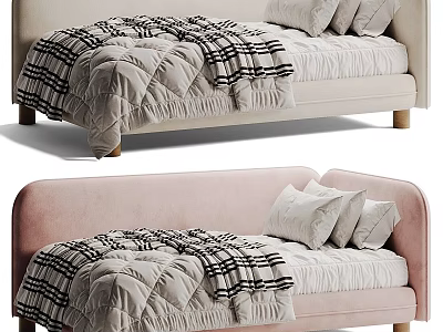 Stylish Modern Sofa Bed With Plaid Blanket Soft Pillows And Wooden Legs 3d model