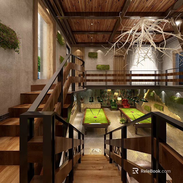 Modern Entertainment Room With Billiard Tables Wooden Staircase And Green Plant Decor 3d model 