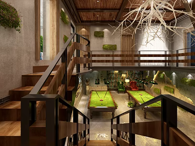 Modern Entertainment Room With Billiard Tables Wooden Staircase And Green Plant Decor 3d model