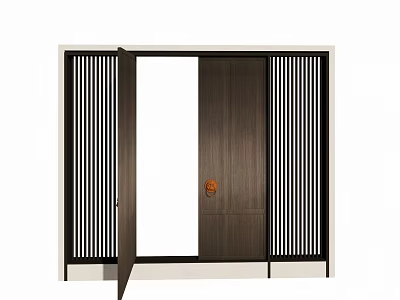 Modern Open Wooden Double Doors With Black Vertical Slats And White Frame 3d model