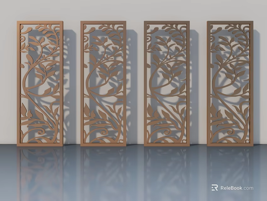 Smart Machine Crafted Four Wooden Screens With Intricate Vine Patterns 3d model