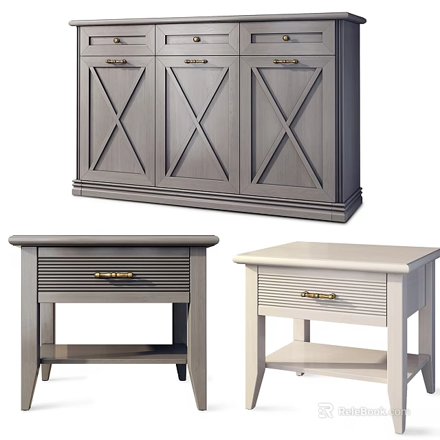 Gray And White Wooden Furniture Collection With X Pattern Cabinet And Drawer Side Tables 3d model 
