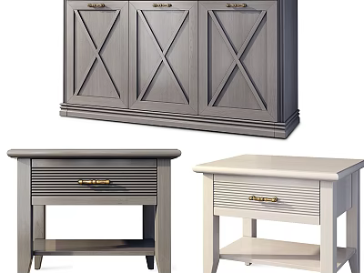 Gray And White Wooden Furniture Collection With X Pattern Cabinet And Drawer Side Tables 3d model