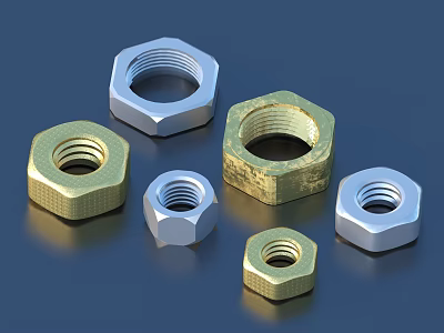 Metallic Hexagonal Nuts in Various Sizes and Colors on Dark Surface 3d model