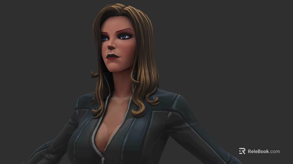 A Woman with Brown Long Wavy Hair in Dark Zipper Jacket Against Gray Background 3d model 