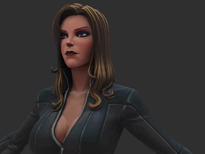 A Woman with Brown Long Wavy Hair in Dark Zipper Jacket Against Gray Background 3d model