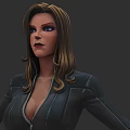 A Woman with Brown Long Wavy Hair in Dark Zipper Jacket Against Gray Background