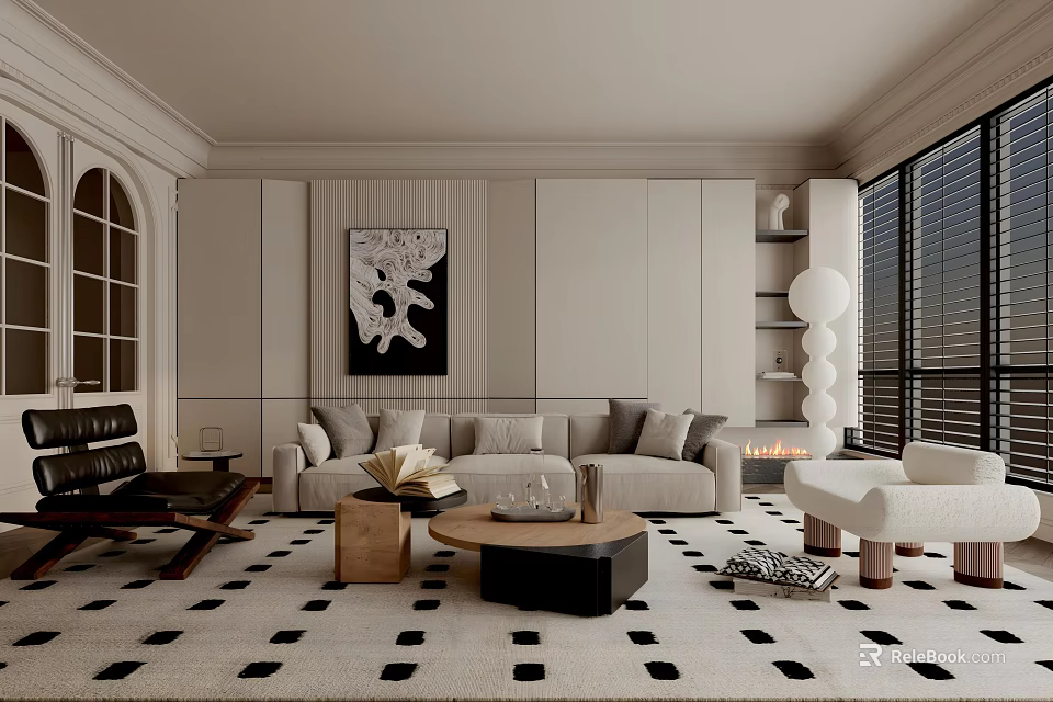 Modern Living Room With Beige Sofa Black White Patterned Rug Artwork Floor To Ceiling Windows 3d model 