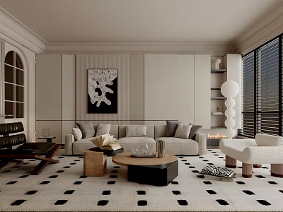 Modern Living Room With Beige Sofa Black White Patterned Rug Artwork Floor To Ceiling Windows 3d model