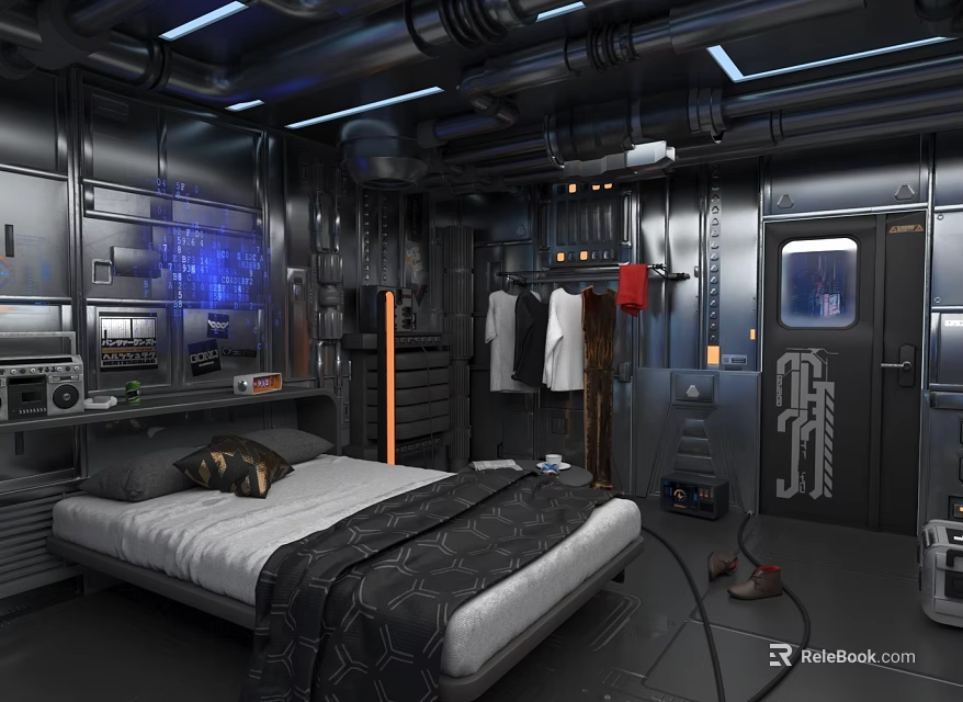 Industrial Bedroom Interior With Metallic Walls Pipes Blue Screen And Hanging Clothes 3d model 