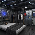 Industrial Bedroom Interior With Metallic Walls Pipes Blue Screen And Hanging Clothes