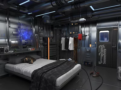 Industrial Bedroom Interior With Metallic Walls Pipes Blue Screen And Hanging Clothes 3d model