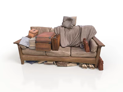 Single Sofa Covered With Blanket Suitcase Books And Shoes On And Around 3d model
