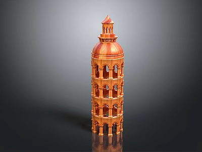 Brown Wooden Leaning Tower Model With Multiple Levels And Arched Windows 3d model