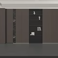 Modern Feature Wall Design With Layered Wooden Panels LED Lighting And Display Shelves