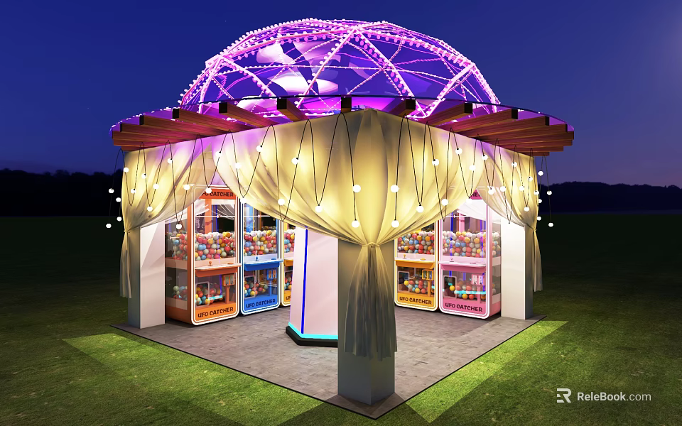 Other Public Restroom With Purple Dome Lighting White Curtains On Green Grass At Night 3d model 