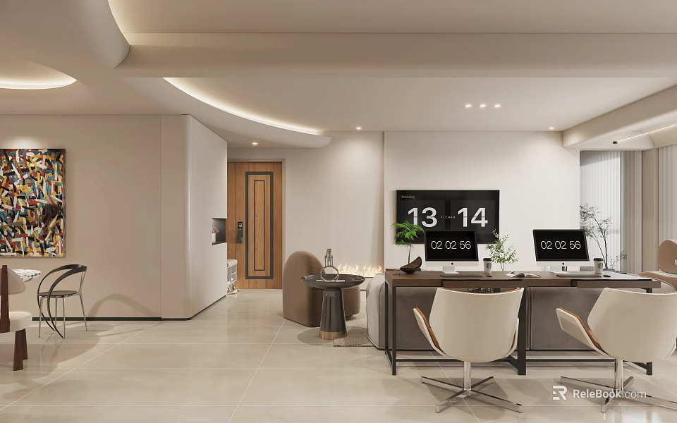 Modern Dining Living Room Interior With White Chairs Ceiling Lighting And Flat Screen TV 3d model