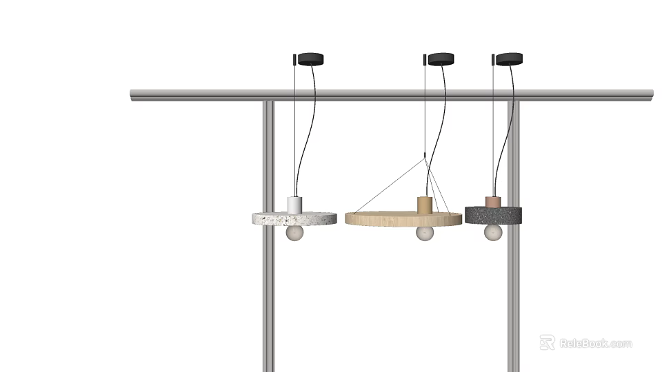 Three Modern Pendant Lights with Wooden and Stone Bases Hanging on Metal Rod 3d model 