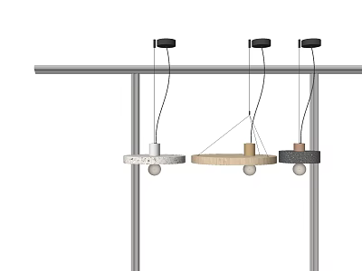Three Modern Pendant Lights with Wooden and Stone Bases Hanging on Metal Rod 3d model