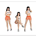 Woman In White Tank Top And Orange Shorts With Different Poses On Gray Background