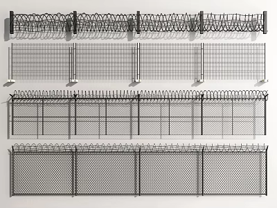 Various Security Fence Designs With Barbed Wire And Metal Mesh Structures 3d model