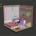Cartoon Scene of a Pink Bedroom with Bed Desk Computer Heart Shaped Shelf and Decorations