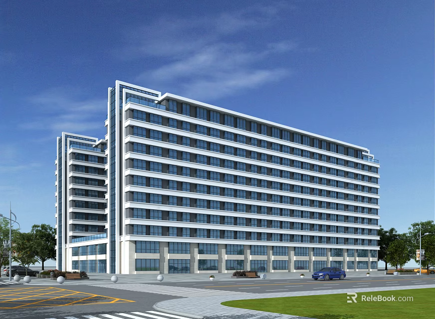 Modern Office Building Exterior With Glass Facade Multiple Floors Surrounding Road Vehicles And Greenery 3d model 