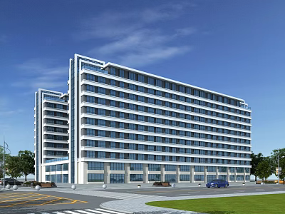 Modern Office Building Exterior With Glass Facade Multiple Floors Surrounding Road Vehicles And Greenery 3d model