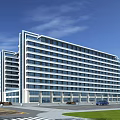 Modern Office Building Exterior With Glass Facade Multiple Floors Surrounding Road Vehicles And Greenery