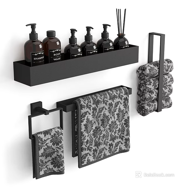 Sleek Bathroom Essentials Set With Black Shelf Toiletry Bottles And Patterned Towels 3d model 
