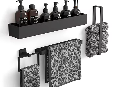 Sleek Bathroom Essentials Set With Black Shelf Toiletry Bottles And Patterned Towels 3d model