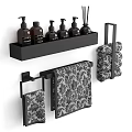 Sleek Bathroom Essentials Set With Black Shelf Toiletry Bottles And Patterned Towels