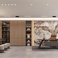 Modern Office Interior With Executive Desk Comfortable Chair Wooden Bookshelves And Decorative Wall Art