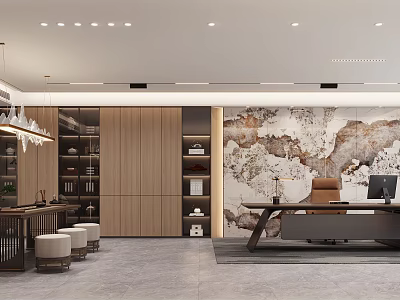 Modern Office Interior With Executive Desk Comfortable Chair Wooden Bookshelves And Decorative Wall Art 3d model